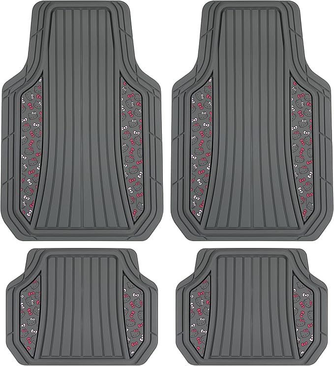 Hello Kitty Car Mats 4pc Floor Mats for Cars Trucks SUVs Grey Car Floor Mats for Women Men Accessories Rubber Heavy Duty Cute Non-Slip Always Front Rear Hello Kitty Cars Accessories Gray/Pink