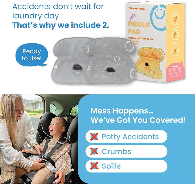 Piddle Pad 2-Pack, Potty Training Car Seat Protector, Toddler Car Seat Cover & Stroller Protector, Machine Washable Waterproof Car Seat, Anti-Slip, Universal Fit (Grey)