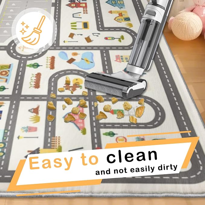 Nayoroom Kids Town Road Playroom Rug, Faux Wool Car Map, Non-Slip, 5 x 7 ft | Interactive town road map; Community scenes; Soft faux wool surface; Non-slip backing; Easy-care room accent