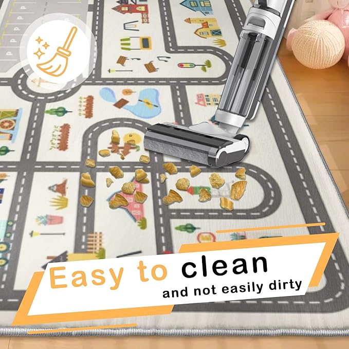 Nayoroom Kids Town Road Playroom Rug, Faux Wool Car Map, Non-Slip, 4 x 6 ft | Interactive town road map; Community scenes; Soft faux wool surface; Non-slip backing; Easy-care room accent