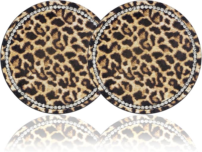 Leopard Print Bling Rhinestone Anti Slip Coasters - 2.75" Insert Suitable for Most Cars - 2PCS