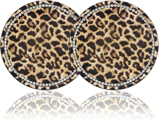 Leopard Print Bling Rhinestone Anti Slip Coasters - 2.75" Insert Suitable for Most Cars - 2PCS