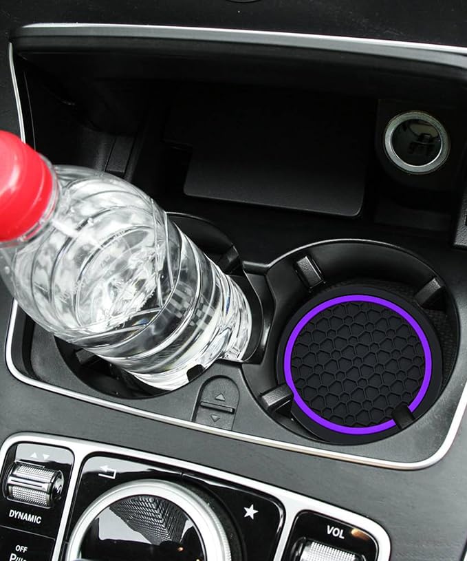4PCS Car Coasters, Car Accessories Interior, 2.75 Inch Non-Slip PVC Coasters for Cup Holders, Universal, Black&Purple