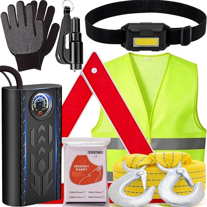 Car Roadside Emergency Kit for Vehicles, Portable Air Compressor Tire Inflator Auto Car Safety Kits Teen Driver Must Haves Black