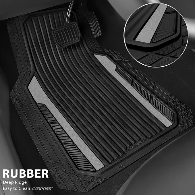 CAR PASS Heavy Duty Rubber Car Mats Metallic, Aluminum Film All Weather Floor Mats Waterproof Universal Trim to Fit Automotive SUV Sedan Van Truck 4 Piece Deep Dish Two-Tone Sporty Black Gray Chrome
