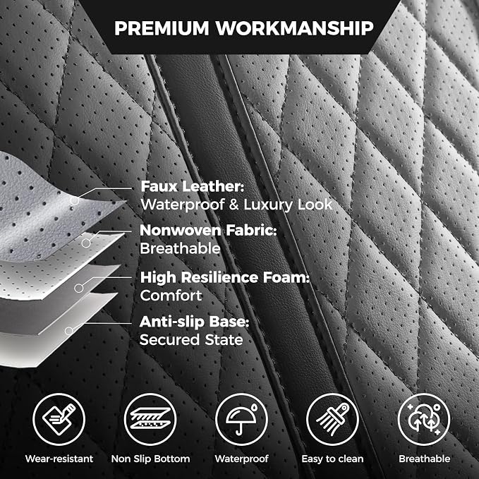 Seat Covers for 2019-2026 Dodge Ram 1500/2500/3500, Flat Bench | lumbar padded, premium waterproof leather, full coverage, anti-slip, storage pockets, long-term durability, airbag compatible