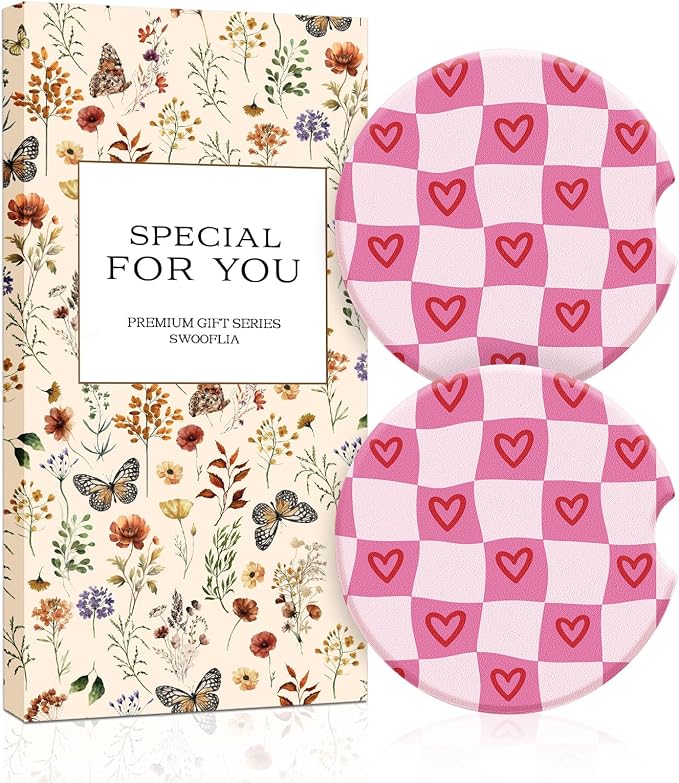 Swooflia 2 Pack Absorbent Ceramic Car Coasters for Women - 2.55 Inch Heart Checkered Pink Car Cup Holder Coasters with Cork Base, Funny Car Accessories, New Driver Gifts