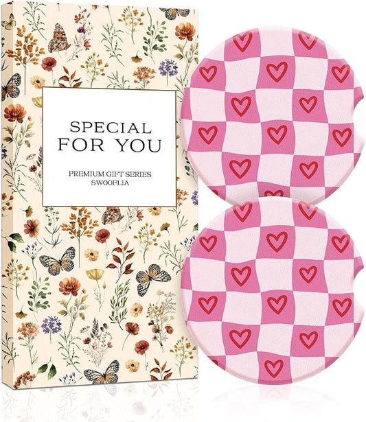 Swooflia 2 Pack Absorbent Ceramic Car Coasters for Women - 2.55 Inch Heart Checkered Pink Car Cup Holder Coasters with Cork Base, Funny Car Accessories, New Driver Gifts