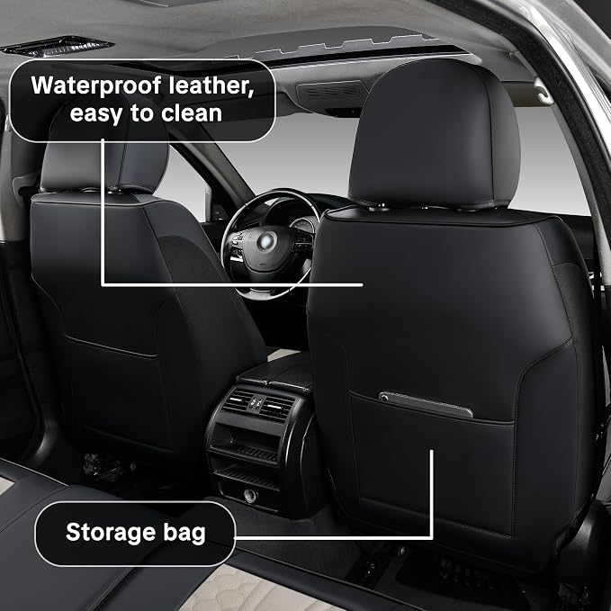 Black and Grey PU Leather Car Seat Covers | Luxury Waterproof Car Seat Covers with Lumbar Support, Non-Slip Base, Airbag Compatibility, Easy Installation and Cleaning