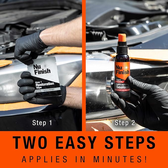 Nu Finish Headlight Restore and Repel – 2-Step Car Headlight Restoration Kit with 4 Restorer Wipes and Ceramic Sealant Spray, Head Light Restoring Kit