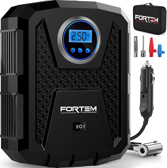 FORTEM Tire Inflator Portable Air Compressor, Air Pump for Car Tires and Bikes, Car Tire Pump w/Auto Shut Off, 150 PSI, 12V DC, LED Light, Carrying Case, Perfect For Men, Women