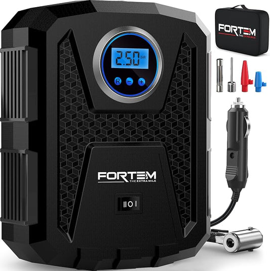 FORTEM Tire Inflator Portable Air Compressor, Air Pump for Car Tires and Bikes, Car Tire Pump w/Auto Shut Off, 150 PSI, 12V DC, LED Light, Carrying Case, Perfect For Men, Women