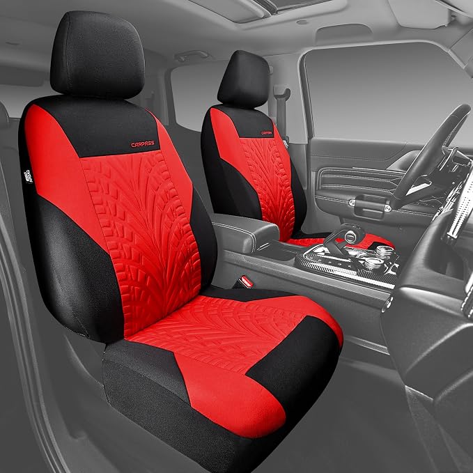 CAR PASS Car Seat Covers Two Front Only for Car, 3D Tyre Print Automotive Interior Covers, Airbag Compatible, Quick Setup Universal Fit Seat Covers for Car, Truck, SUV(Black Red)