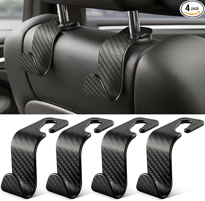 SINGARO Universal 4 Pack Car Seat Headrest Purse Hook, Carbon Fiber Back Seat Hook Storage Organizer Hanger for Purse Handbag Coat, Car Interior Accessories(Black)