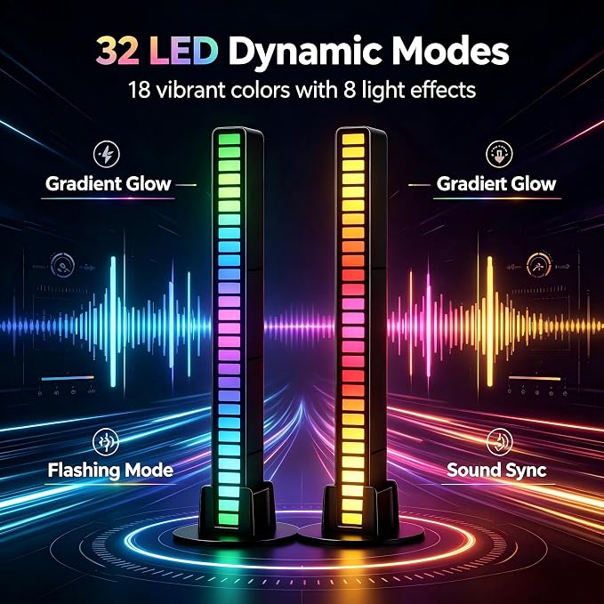 RGB Rhythm Light Bar, Sound Activated Light for Gaming, Bedroom & Car Decor | 32 LEDs, 18 Colors & 8 Dynamic Lighting Modes, USB Powered, Plug & Play Ambient Light for Party & Desktop Atmosphere Decor