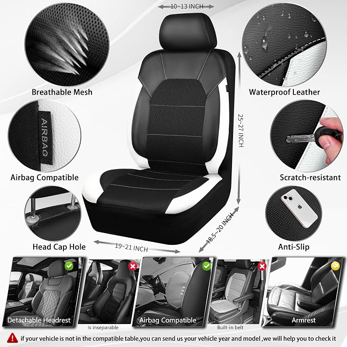 CAR PASS Universal Front Leather Car Seat Covers with Sporty Design, Breathable All Season Easy to Clean Anti-Slip Wear-Resistant Automotive Seat Covers Fit for Most Cars, SUVs, Trucks, Black & White