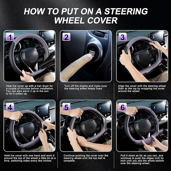 SEG Direct D Shaped Steering Wheel Cover for 14.5-15 inch Flat Bottom Wheels, Breathable Perforated Microfiber Leather, Anti-Slip Grip, Universal Fit for Cars & SUVs, Black and Light Purple