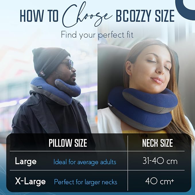 BCOZZY Travel Neck Pillow for Airplane– Patented Double Support for Head, Neck, and Chin. Best for Long Flights, Plane Sleeping, and Car Rides. Adjustable Size. Fully Washable. Carry Bag. Large, Black