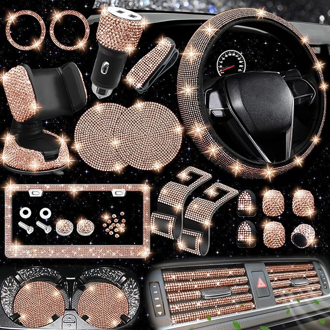 NBTEPEM 27 PCs Gold Champagne Bling Car Accessories Set for Women, Steering Wheel Covers Universal Fit 15 Inch, Bling License Plate Frame, Bling Phone Holder, Bling Car Coasters