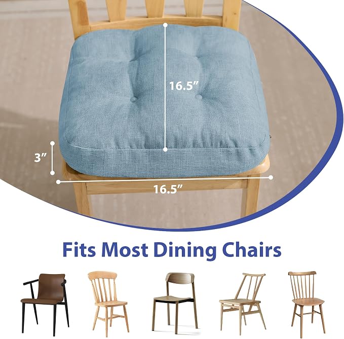 IASEAHK Chair Cushions for Dining Chairs, Dining Chair Cushions, Tufted Indoor Chair Pads with Ties & Non Slip Backing, Seat Cushions for Kitchen Chairs 16.5” x 16.5” x 3.5”, Set of 4, Light Blue