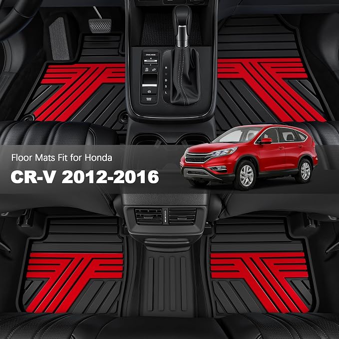 Rubber Floor Mats Fit for Honda CR-V 2012-2016 (Not Fit EX-L & Touring) | Custom Fit for CRV EX & LX & SE Heavy Duty Anti-Slip Car Mats, 1st & 2nd Row, Black & Red