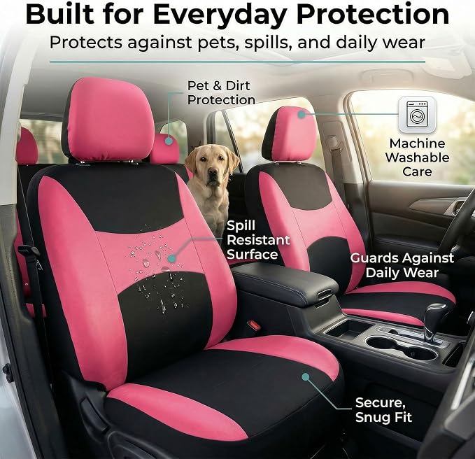 FH Group Universal Automotive Seat Covers 8 Seater Set | Light & Breezy Flat Cloth Washable Car Seat Cover for SUV, Sedan, Truck | Airbag Compatible Interior Upgrade - Pink/Black
