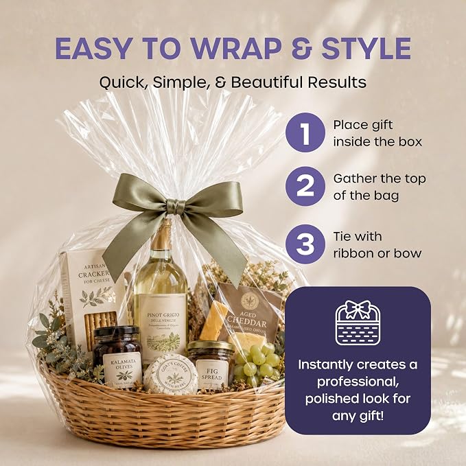 volila Large Cellophane Bags for Gift Baskets - 20 Pack (30 in x 40 in) Clear Gift Wrap for Gift Baskets, Floristry, Party Favors and Food Packaging