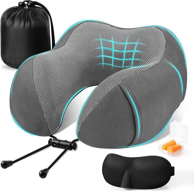 CloudBliss Memory Foam Travel Pillow for Airplane, Neck Pillow for Traveling, Airplane Pillow for Long Flight Travel, Compact Neck Pillow with Eye Mask, Earplugs, Carry Bag, Trip Essentials, Dark Grey