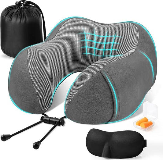 CloudBliss Memory Foam Travel Pillow for Airplane, Neck Pillow for Traveling, Airplane Pillow for Long Flight Travel, Compact Neck Pillow with Eye Mask, Earplugs, Carry Bag, Trip Essentials, Dark Grey