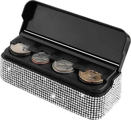 carleef Bling Coin Holder for Car,4 Compartment Car Organizers and Storage with Rhinestones Compatible with Quarter/Nickel/Pennies/Dimes,Universal Coin Organizer for Car Truck SUV (White)