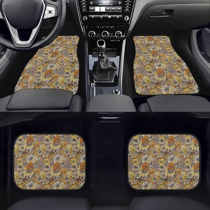 Retro Sunflower Print Car Floor Mats Set of 4 Daisy Floral Butterfly Universal Vehicle Floor Carpet Decorative Auto Front Rear Foot Rugs for Trucks SUV Sedan