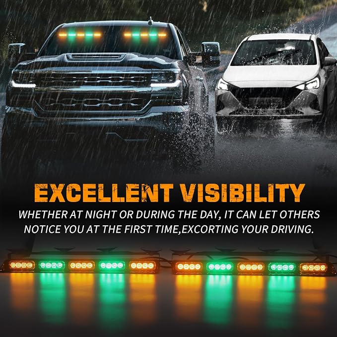 XRIDONSEN Amber Green Emergency Lights for vehicles, 40 LED Strobe Lights | 2x 17 inch Interior Front/Rear Windshield Dash Safety Warning Hazard Caution Light Bar for Tow/Plow Construction Vehicle