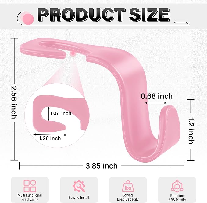 SINGARO 4 Pack Car Seat Headrest Hooks, Vehicle Back Seat Hanger Storage Organizer for Purse Handbag Backpack Coat Grocery, 360° Rotating Heavy Duty Holds 44lbs, Pink