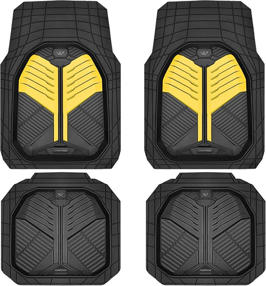 CAR PASS Heavy Duty Rubber Car Mats, Deep Dish Car Floor Mats All Weather, Car Mats Full Set 4-Piece Trim to Fit for Sedans SUVs Trucks, Waterproof Anti-Slip Automotive Mats, V12 Black and Yellow