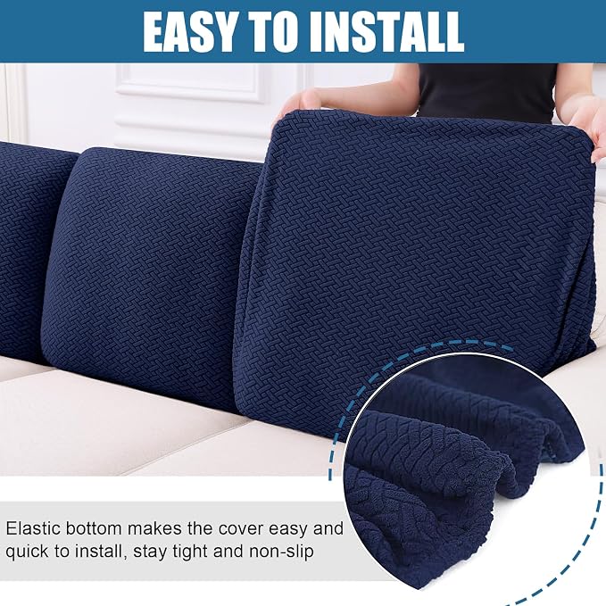 Smiry Waterproof Couch Cushion Covers, Stretch Jacquard Thick Sofa Cushion Covers, Washable Seat Slipcover Elastic Furniture Protector for Pets, Kid (Back Cover M, Navy)