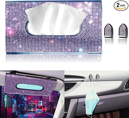 Car Visor Tissue Holder, Sparkling PU Leather Mask Box, Bling Crystals Cover Case & Glitter Mask Hook Clip for Women (Purple)