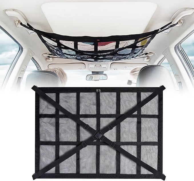35.5 "x25.6 Car Ceiling Storage Organizer for SUV & Sedan - Heavy-Duty Overhead Mesh Net with Dual Zippers, Universal Auto Roof Storage Bag for Travel, Camping, Road Trips （Black2#）