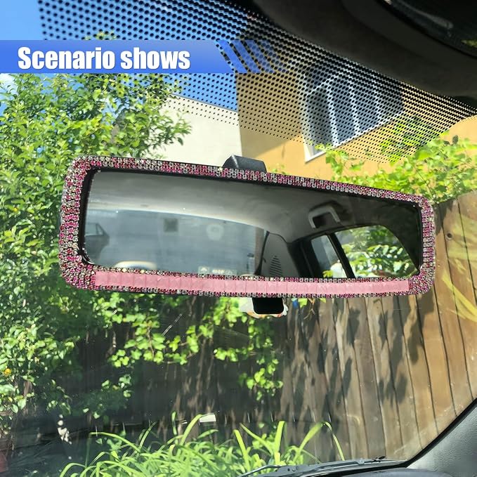 Bling Car Rear View Mirror, Clip-On Rhinestone Car Rearview Mirror with Crystal Diamonds, HD Glass Auto Interior Rear View Mirrors, Auto Decoration Accessories for Women Men Teens (Pink)