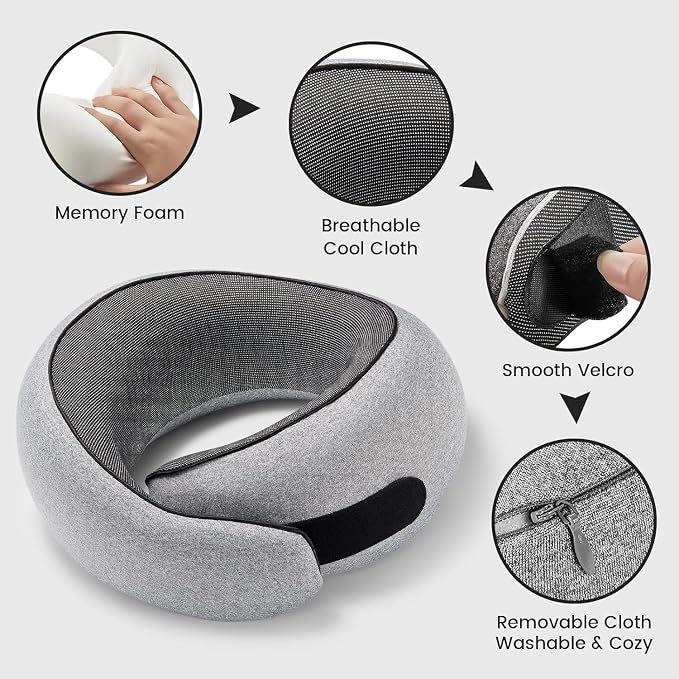 SZXYX Travel Pillows - 100% Pure Memory Foam Neck Pillow for Airplanes, Comfortable Breathable Cover, 360° Support Stowable Pillows for Sleeping, Car, Airport Travel Essentials, Charcoal Grey