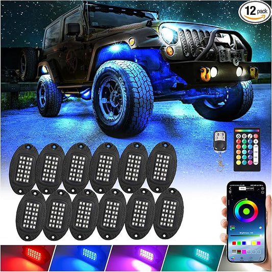 12 Pods Alloy RGB LED Rock Lights, Shockproof Heavy Duty Metal Underglow Kit for Jeeps Truck Offroad ATV UTV Golf Cart SUV, IP68 Waterproof Neon Underbody Light with APP/RF Control & Brake Signal 12V