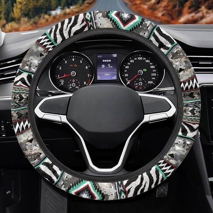 Wanyint Auto Steering Wheel Cover for Women Men, Universal 15 Inch Soft Elastic Steering Wheel Wrap Anti-Slip Easy to Install Car Accessories, Aztec Camo Zebra Print