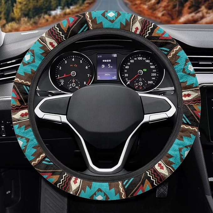 Wanyint Southwest Aztec Teal Brown Car Steering Wheel Cover Soft Stretch Auto Steering Wrap Protector for Women Men, Universal Auto Accessories Fit Most Vehicles