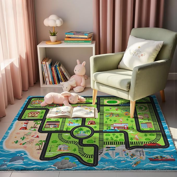 Nayoroom Kids Island Train Map Rug, Faux Wool Track Map, Non-Slip, 5 x 7 ft | Island map and train tracks; Rail-route play; Soft faux wool surface; Non-slip backing; Easy-care finish