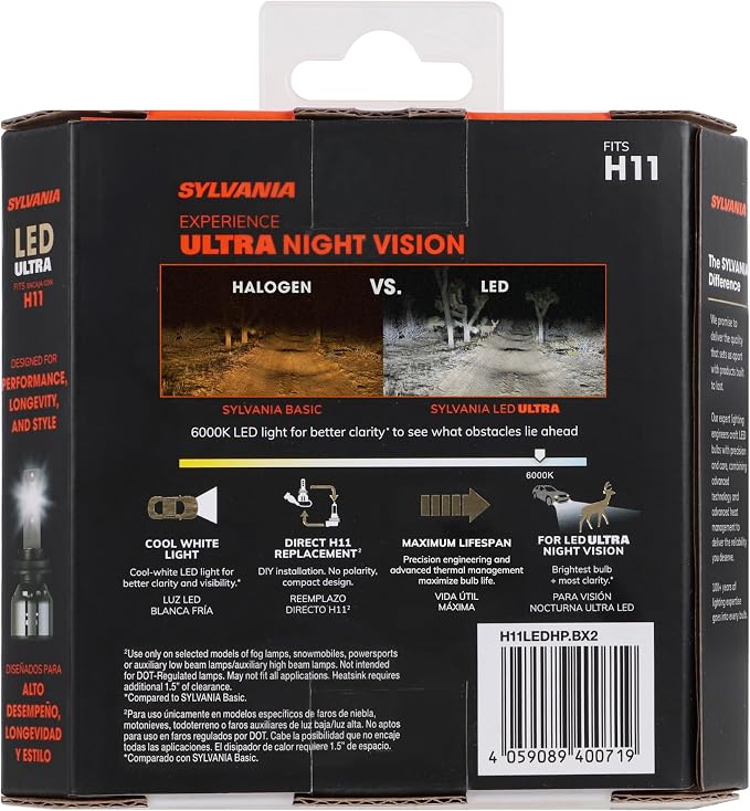 SYLVANIA - H11 LED Ultra - Fog Lights For Cars and Trucks - Headlight Bulbs for Off Road Powersports - 6000k Cool White LED Light - Maximum Lifespan - No Polarity - DIY Upgrade