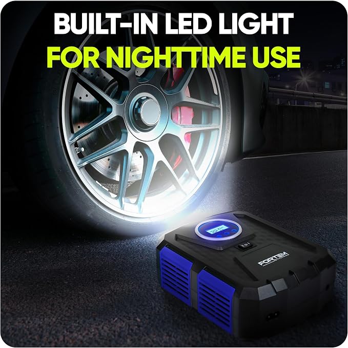FORTEM Tire Inflator Portable Air Compressor, Air Pump for Car Tires and Bikes, Car Tire Pump w/Auto Shut Off, 150 PSI, 110V AC 12V DC, LED Light, Carrying Case, Perfect For Men, Women