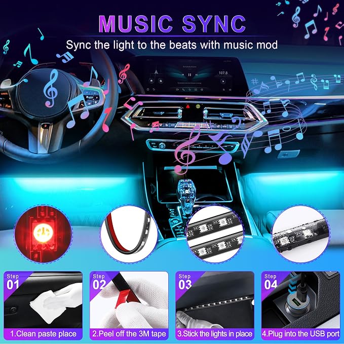 LivTee Smart Car Interior Lights, RGB LED Accent Lights with App Control, Music Mode, DIY Mode, 2-Line Design, Charger Included, Car Accessories for Women