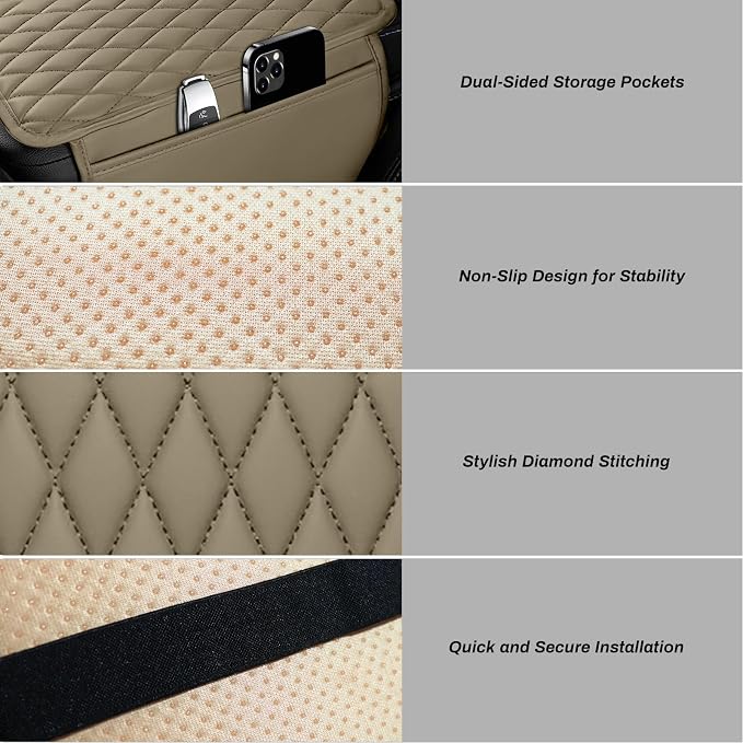 Ouzorp Car Center Console Cover Upgraded Microfiber Leather Car Arm Rest Cover with 2 Storage Bags Universal Armrest Cover for Car Storage Box Car Interior Accessories Protector for Most Vehicle-Beige