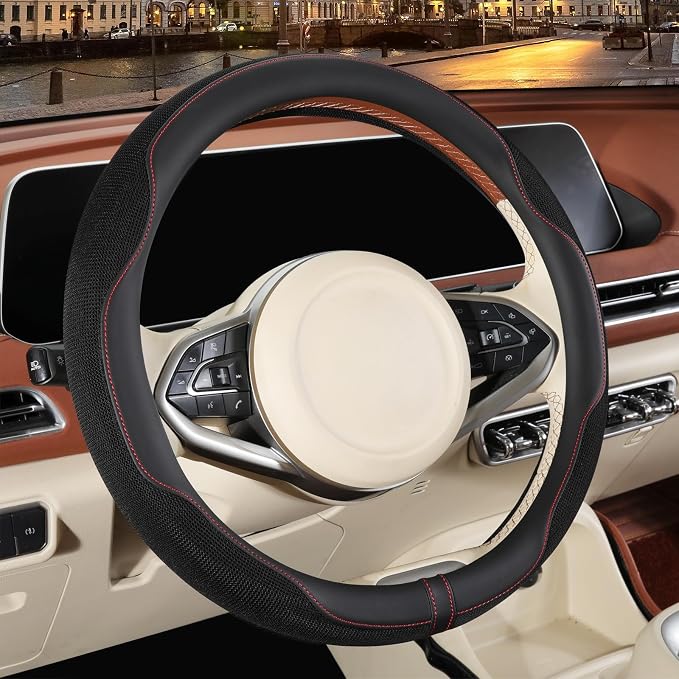 Nappa Leather Ice Silk Fabric Black Steering Wheel Cover | Non-Slip Breathable Soft Car Accessories, Warm in Winter and Cool in Summer, Small 13.5 inch to 14 inch for Prius Civic