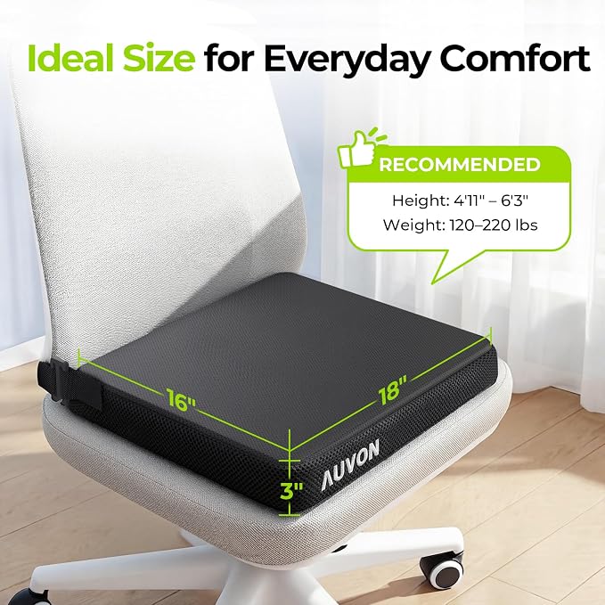 AUVON Gel Ventilation Seat Cushion with Innovation Heat Dissipation Design | Supportive Memory Foam Wheelchair Cushion for Back & Tailbone Comfort, Waterproof Cover, Anti-Sore & Ulcer, Buckle Strap