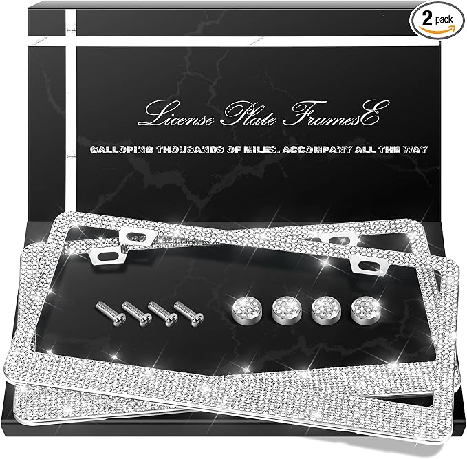 QUANQIUFEI 2 Pack Bling License Plate Frames, Sparkly Rhinestone Diamond Car License Plate Cover for Women, Stainless Steel Car Accessories with Glitter Crystal Caps (White)